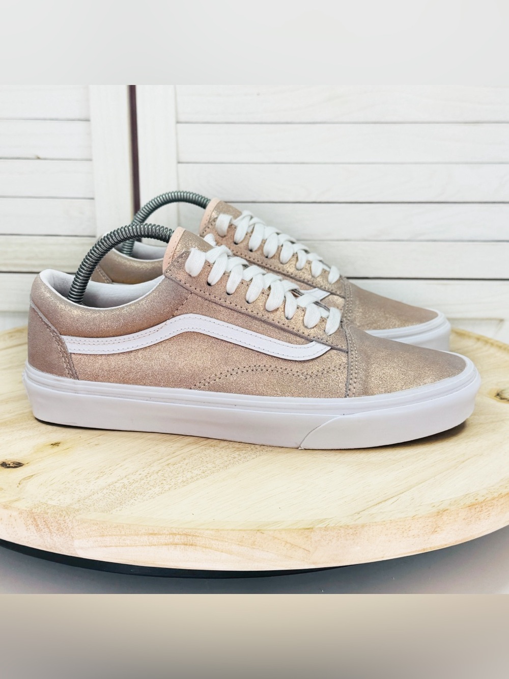 Vans Old Skool Metallic Leather Lace Up Sneakers Rose Gold 8.5 Men 10 Women